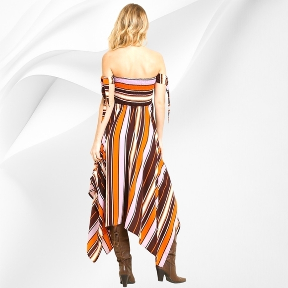 UMGEE Brown & Pink Striped Smocked Off-Shoulder Asymmetrical Dress - Picture 3 of 5